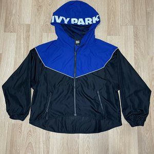 Ivy Park Beyonce Hooded Windbreaker Jacket Large Full Zip Reflective Black Blue